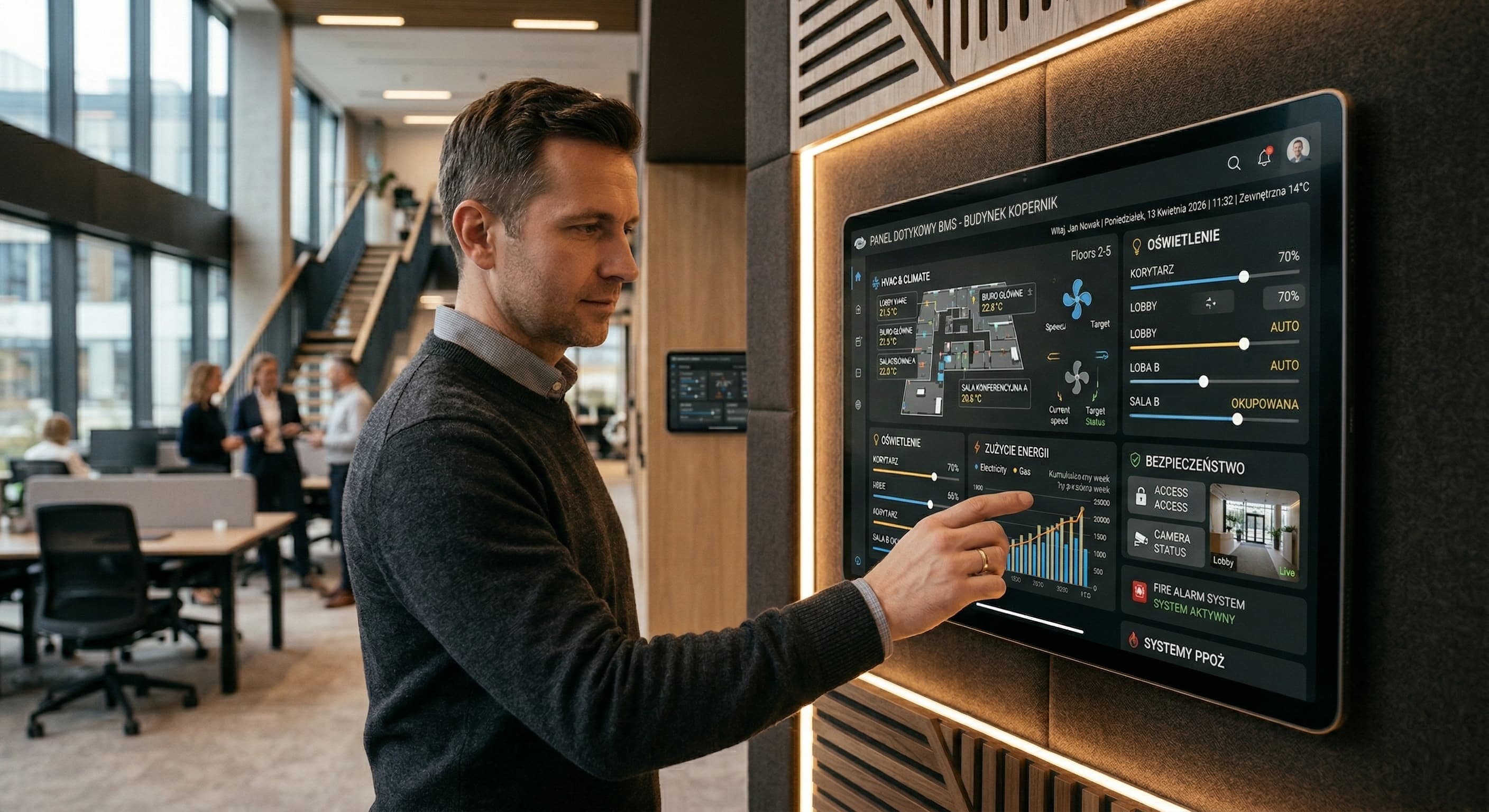 Panel dotykowy systemu zarządzania budynkiem (BMS) w nowoczesnym biurowcu
